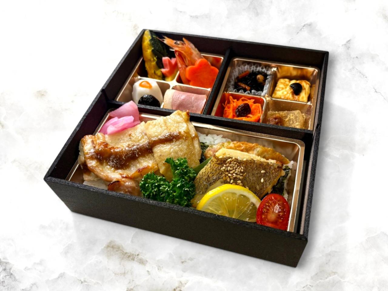 【肉幕ノ内御膳】㊱季節魚の西京焼きと塩麹鶏ステーキ幕ノ内膳