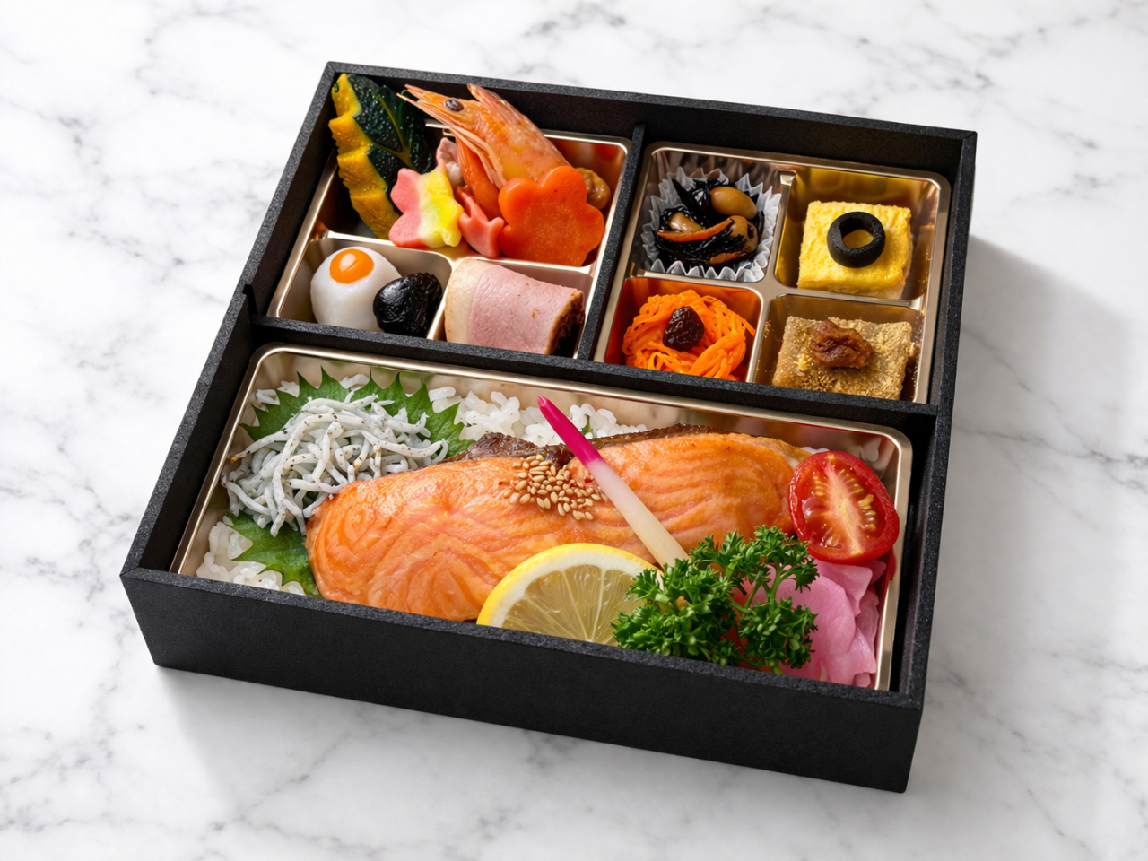 【肉幕ノ内御膳】㊷サーモン西京焼と釜揚げしらす幕ノ内膳