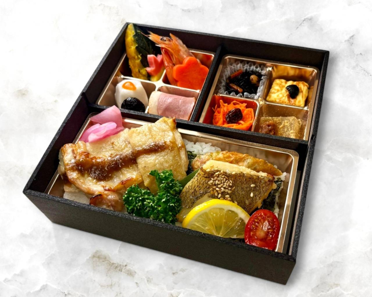 【肉幕ノ内御膳】㊱季節魚の西京焼きと塩麹鶏ステーキ幕ノ内膳