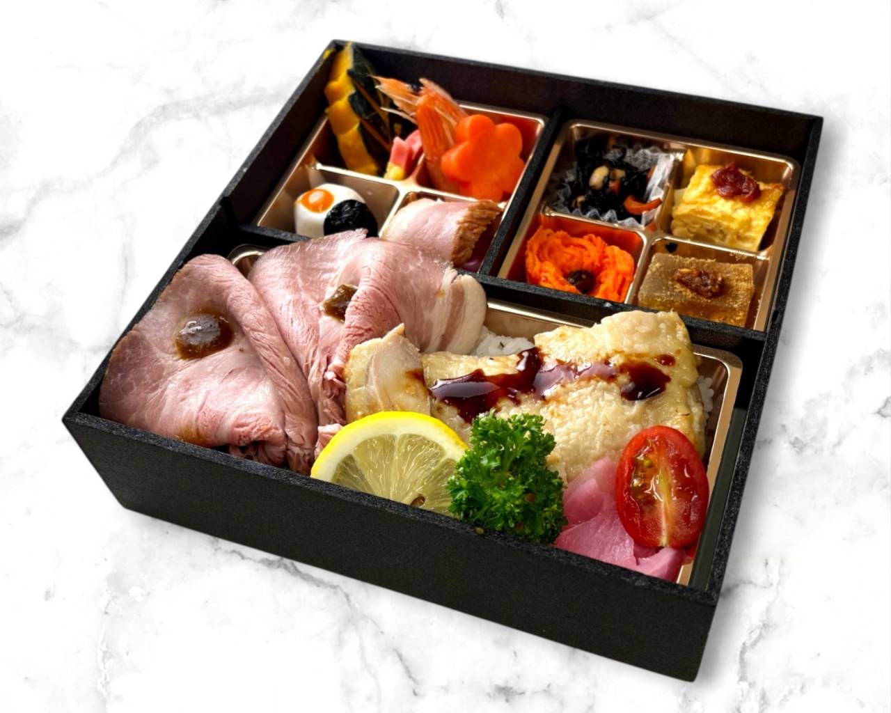 【肉幕ノ内御膳】㉞塩麹鶏ステーキとやわらかローストポーク幕ノ内膳