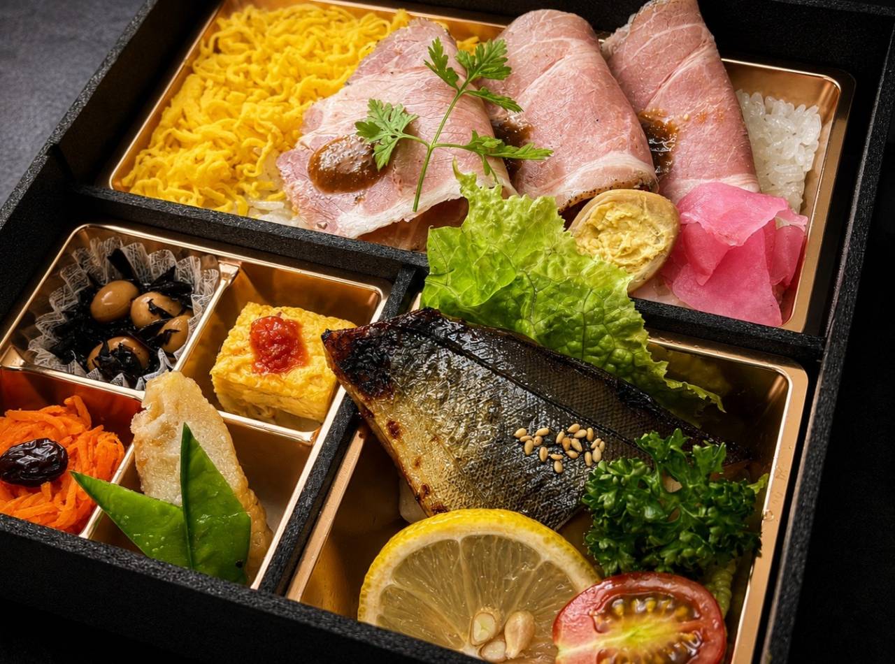 【肉幕ノ内御膳】46.しっとりローストポークと季節魚西京焼の彩り幕ノ内膳