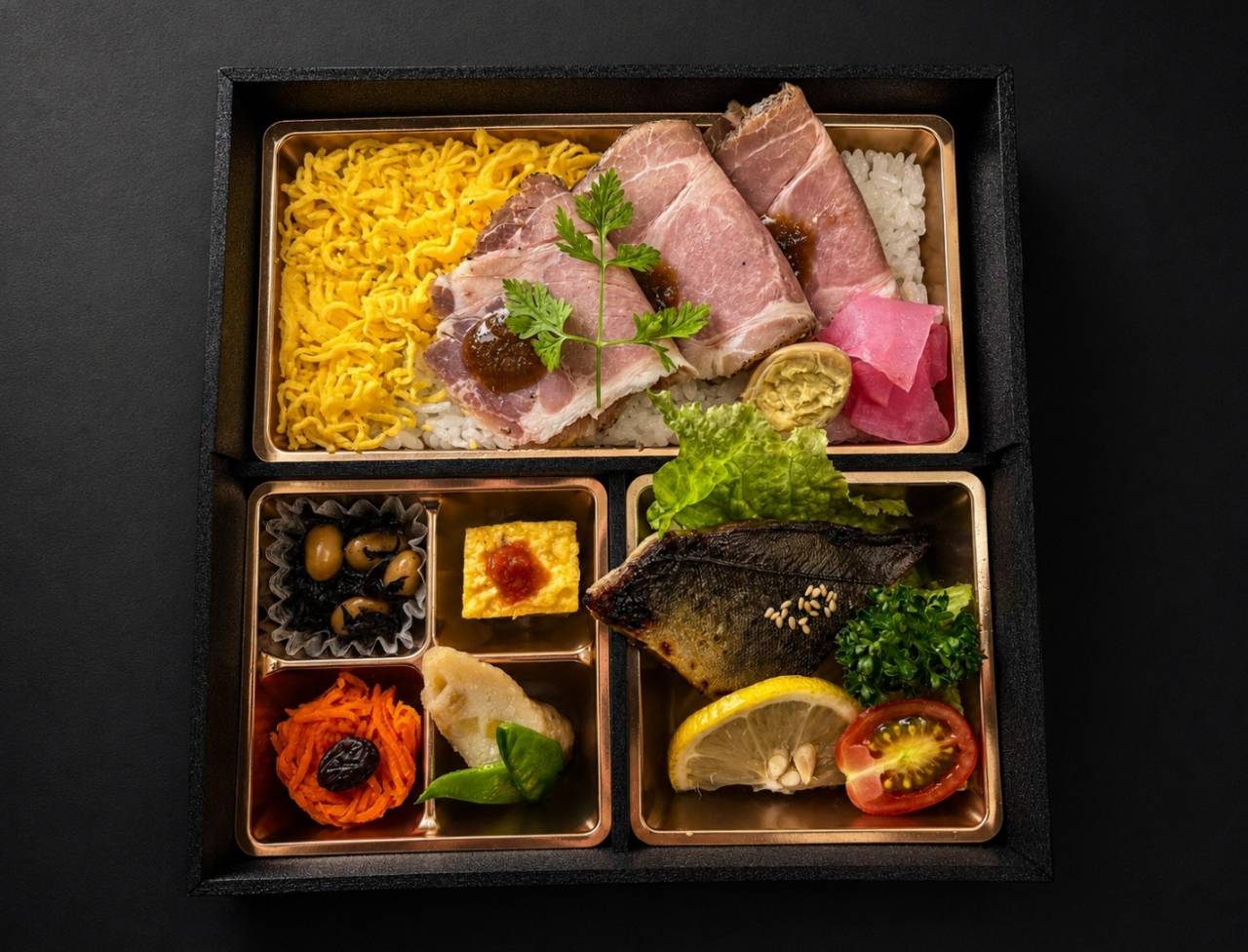 【肉幕ノ内御膳】46.しっとりローストポークと季節魚西京焼の彩り幕ノ内膳